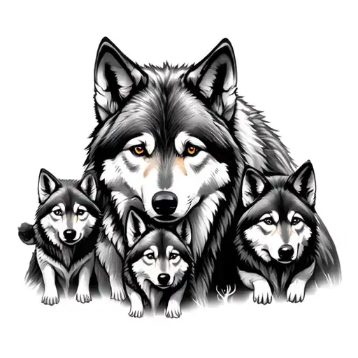 a wolf with a she-wolf and three wolf cubs tattoo design idea