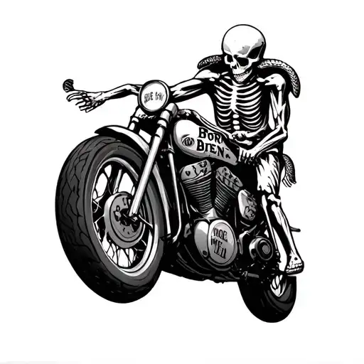 Tattoo in country style. skeleton riding on a sport motorcycle. Snakes and text Born to be wild tattoo design idea
