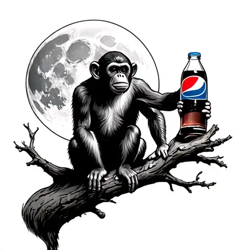 Monkey sitting on a limb holding a pepsi bottle with full moon tattoo design idea