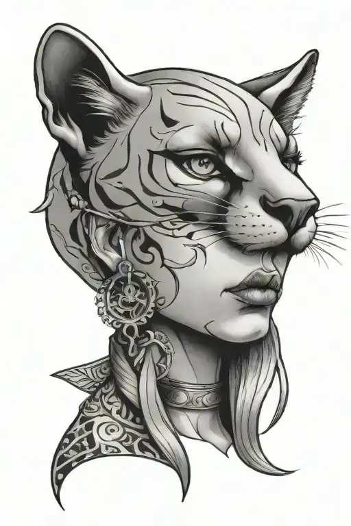 girl face with panther head on top neotraditional style tattoo design idea