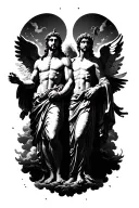 two Greek demi gods with angels and clouds surrounding tattoo design idea