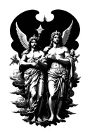 two Greek demi gods with angels and clouds surrounding tattoo design idea