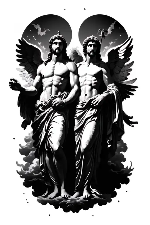 two Greek demi gods with angels and clouds surrounding tattoo design idea