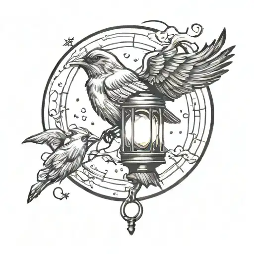 nightingale carrying a lantern shining with a moon on the background tattoo design idea