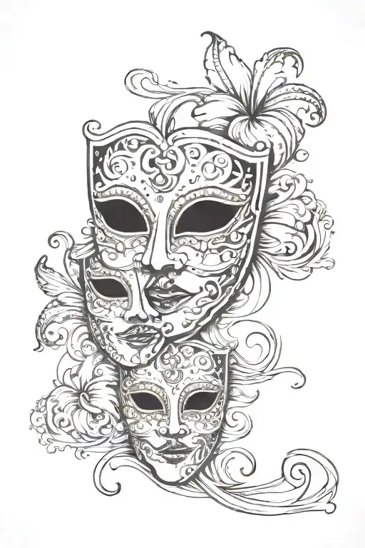 Design a black and white tattoo that includes two classic theater masks: a happy mask and a sad one. The masks should be connected by a thin thread that connects them in a fluid and elegant way. As a background, include a stylized cloud that is visible but does not overwhelm the design, adding a touch of depth to the whole. Keep all the details in black and white, with a balance between soft shadows and defined lines to give it a realistic and artistic look. tattoo design idea
