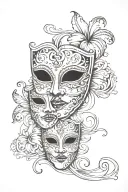 Design a black and white tattoo that includes two classic theater masks: a happy mask and a sad one. The masks should be connected by a thin thread that connects them in a fluid and elegant way. As a background, include a stylized cloud that is visible but does not overwhelm the design, adding a touch of depth to the whole. Keep all the details in black and white, with a balance between soft shadows and defined lines to give it a realistic and artistic look. tattoo design idea