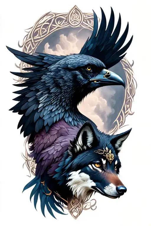 morrigan celtic goddess crow and wolf tattoo design idea