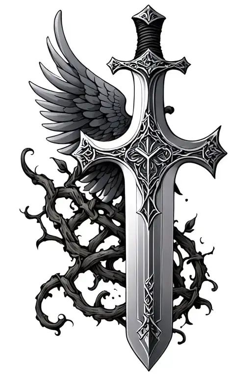 sword wrapped  in vine with a cross and a wing tattoo design idea
