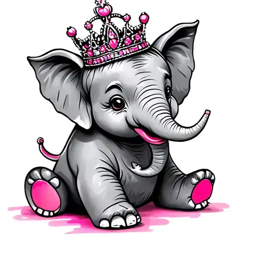 baby Elephant seating With pink highlites and princess Crown tattoo design idea