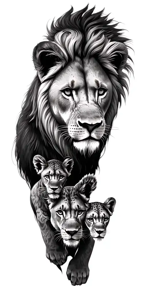 A tattoo design on full sleeve with a lion on shoulder with 3 cubs in the middle and a lioness on wrist tattoo design idea