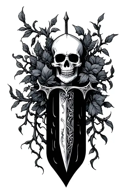 Dark dagger with vines and skull inside tattoo design idea