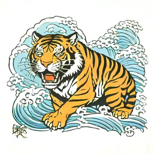 Asian tiger and waves crashing in the background tattoo design idea