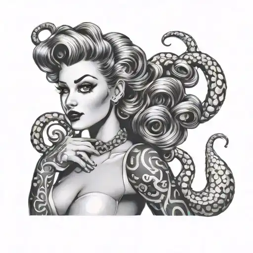 Dark sultry pin up girl with tentacle hair tattoo design idea