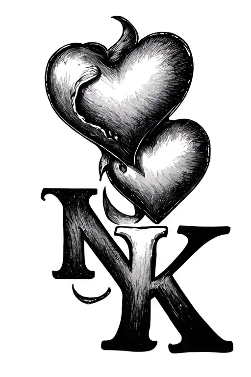 2 hearts with an N and a K tattoo design idea