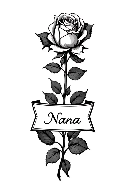 "Nana" "Nana" rose with a name through it on the middle finger tattoo tattoo design idea