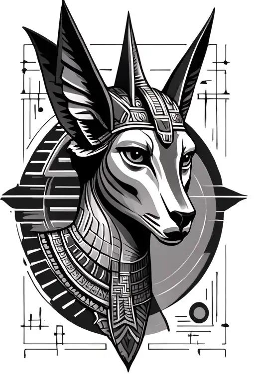 dark Anubis Egyptian god surrounded by geometric shapes and circles tattoo design idea