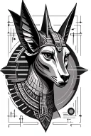 dark Anubis Egyptian god surrounded by geometric shapes and circles tattoo design idea