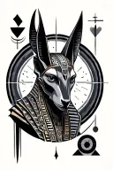 dark Anubis Egyptian god surrounded by geometric shapes and circles tattoo design idea