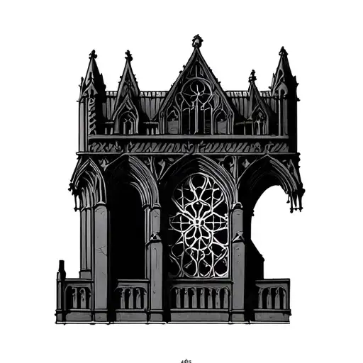 Ornamental black and grey tattoo of an upside-down Gothic cathedral, symmetrical, with detailed arches, rose window  tattoo design idea