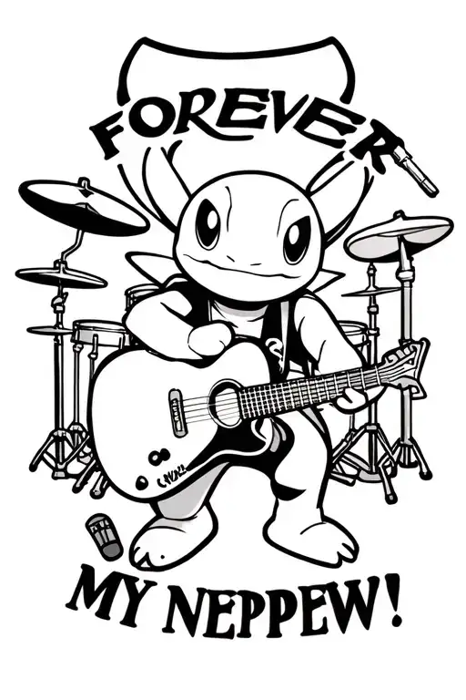 "FOREVER MY NEPHEW!" Squirtle with guitar and microphone and drums in background  tattoo design idea