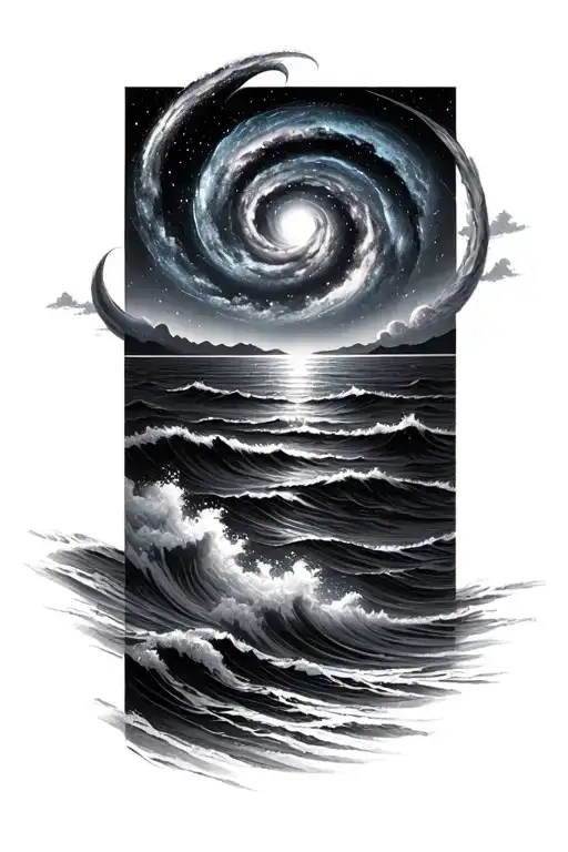 Space to sea full sleeve, spiral galaxy above moody ocean, black and grey realism with smooth blending. tattoo design idea