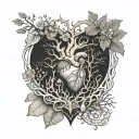 2cm by 2cm, small circle tattoo, organ heart with arteries shaped with sea shells corals tree vines tree roots tattoo design idea