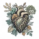 2cm by 2cm, small circle tattoo, organ heart with arteries shaped with sea shells corals tree vines tree roots tattoo design idea