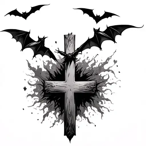 cross with bats flying across tattoo design idea