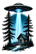 ufo with blue beam over a cabin in the woods tattoo design idea