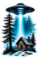 ufo with blue beam over a cabin in the woods tattoo design idea