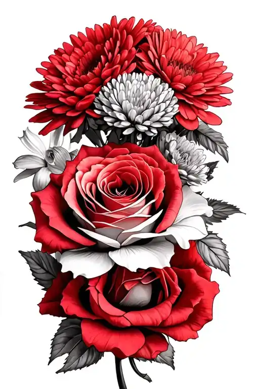 roses chrysanthemum daffodils bouquet tattoo design idea