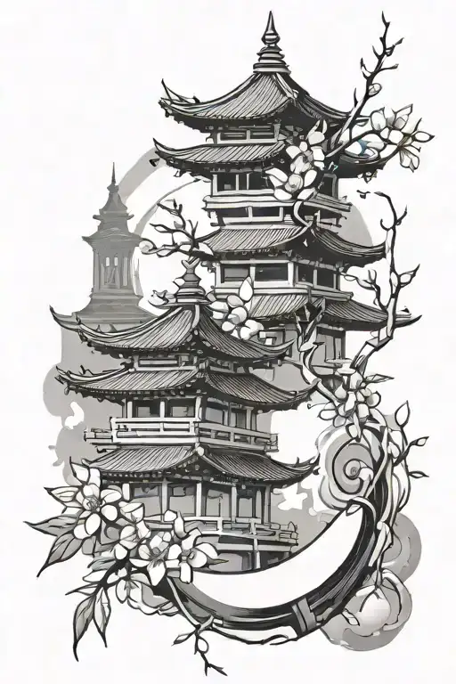bamboo with cherry blossom and temple with moon surrounded tattoo design idea