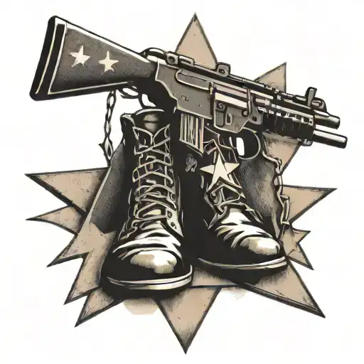 cross that says Jack Dowling with boots dog tags and a bronze star hanging off with a m1 grand rifle leaning against it  tattoo design idea