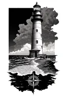 lighthouse coming out of a map on the bottom and a compass rose tattoo design idea