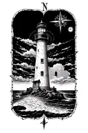 lighthouse coming out of a map on the bottom and a compass rose tattoo design idea