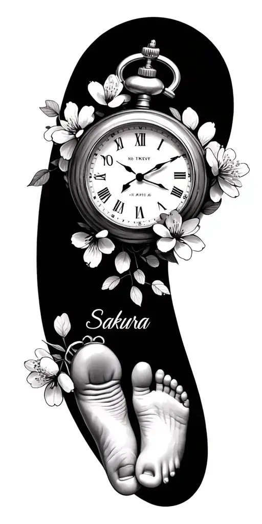 cherry blossom flower surrounding a heart pocket watch a baby's foot and the name "Sakura" tattoo design idea
