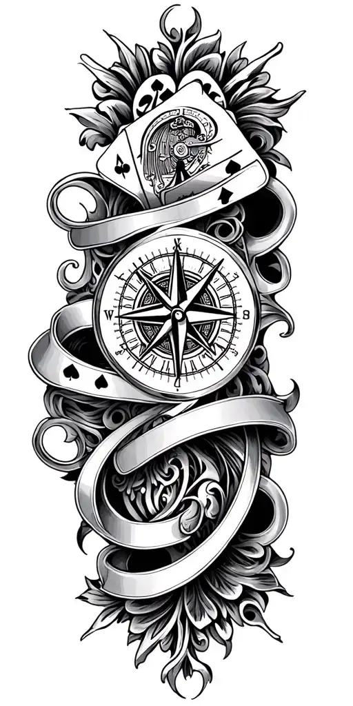 filigree design with playing cards, compass and clock tattoo design idea