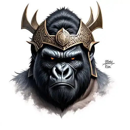 realistic angry war gorilla head with ancient armor on his head tattoo design idea