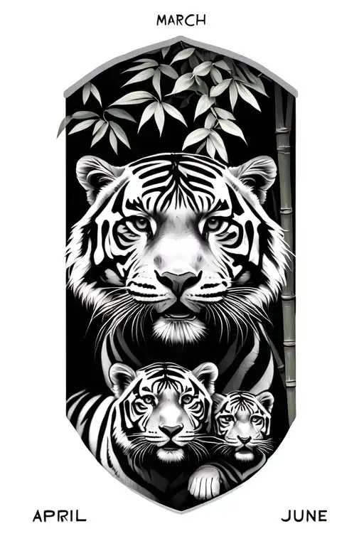 tigress with two cubs bamboo in background. birth month birds for march april may june tattoo design idea