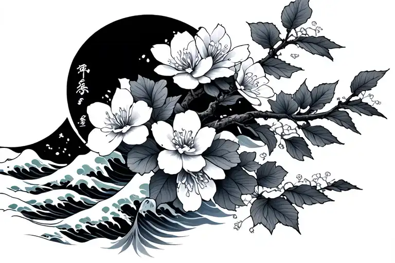 cherry blossom with Japanese wave  tattoo design idea