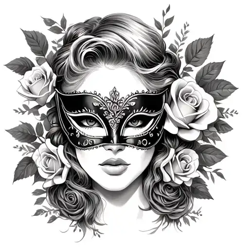 woman with masquerade mask and roses tattoo design idea