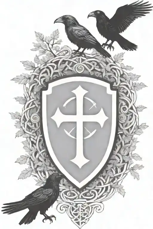 Rooker Family Crest with a celtic cross in a circle as a shield surrounded by cedar trees with  6 Crows tattoo design idea