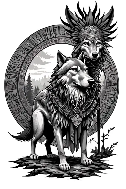 annunaki god with sumerian design of a wolf and a forest background tattoo design idea