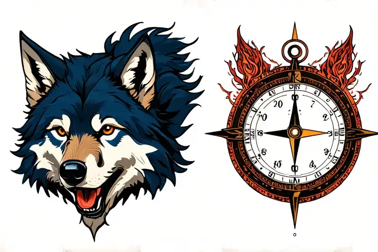 Wolf with compass and clock tattoo design idea