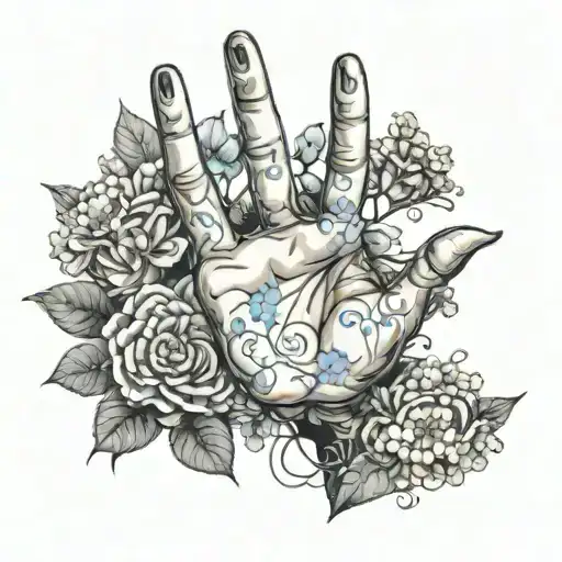 Satoru Gojo domain expansion hand sign with forget-me-not flowers around it tattoo design idea
