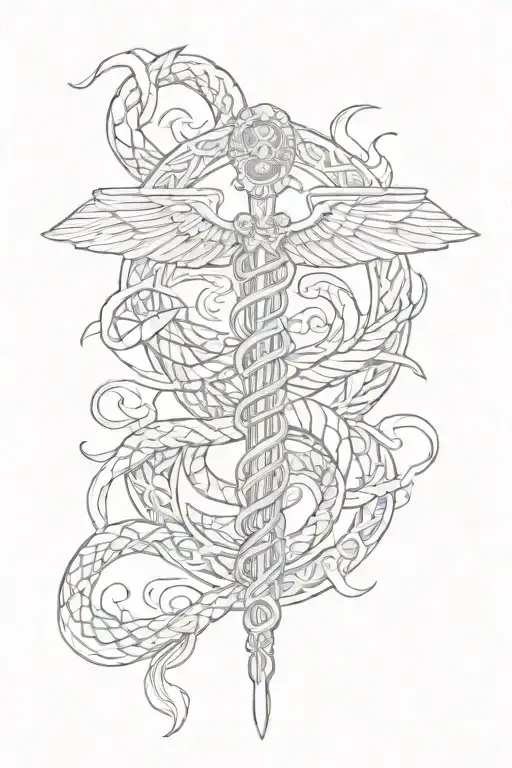 caduceus with 3 snakes tattoo design idea