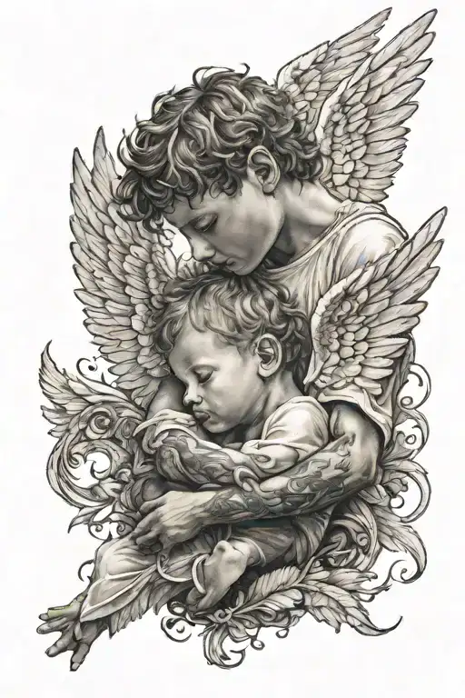 an angel wraps his wings around a little boy tattoo design idea