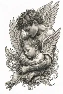 an angel wraps his wings around a little boy tattoo design idea