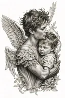 an angel wraps his wings around a little boy tattoo design idea