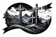 3 crosses with trees and mountains incorporate god tattoo design idea